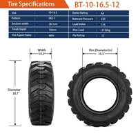2pcs 10x16.5 12Ply SKS Skid Steer Tire for Bobcat Industrial Tire