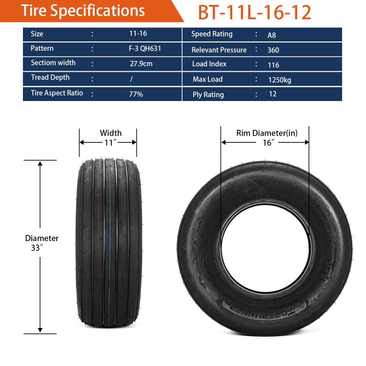 2pcs 11Lx16 12 Ply Tire Tubeless Heavy Duty Tire for 11L-16 Farm Implement