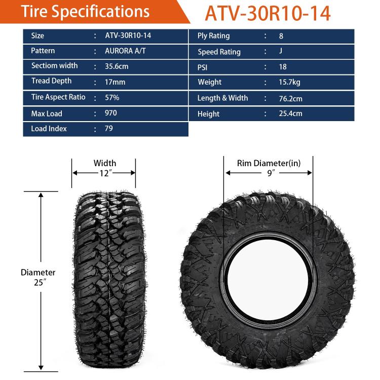 30X10-14 Universal 8 Ply ATV / UTV All-Terrain Mud Tires