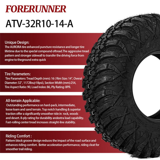 32x10-14 8PR AURORA All-Terrain ATV/UTV Tires Aggressive Tread